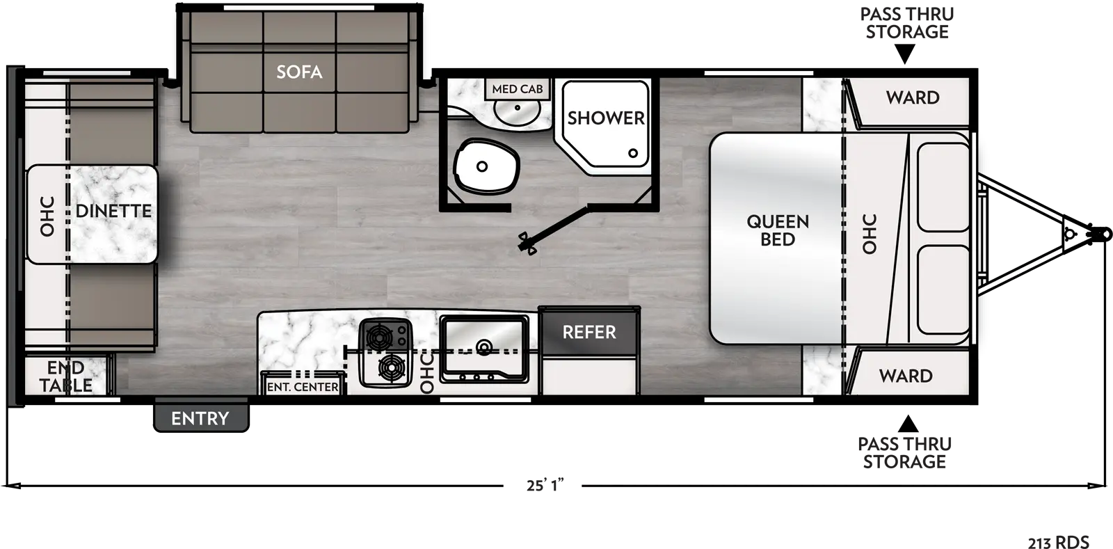 The 213RDS has one slide out on the off-door side and one entry door on the door side. Interior layout from front to back: front bedroom with foot facing queen bed, overhead cabinet, and wardrobes on either side of the bed; off door side bathroom. Kitchen living dining area with off-door side slide out containing sofa; door side kitchen containing refrigerator, sink, cook top stove, and overhead cabinet; door side entertainment center; and dinette located at the rear with overhead cabinet and end table.